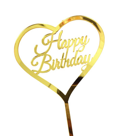 Decoratiune Topper pentru Tort, Cyrax, Model Inimioara Scris Happy Birthday, Tematica Aniversare, Auriu