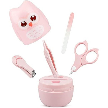 Set 4 Piese Ingrijire Unghii Bebelusi, Cyrax, din ABS+Otel Inoxidabil, Cutie de Depozitare Tip Bufnita, de la 0 Luni, 11.5 x 5 x 11.5 cm, Roz