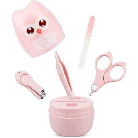 Set 4 Piese Ingrijire Unghii Bebelusi, Cyrax, din ABS+Otel Inoxidabil, Cutie de Depozitare Tip Bufnita, de la 0 Luni, 11.5 x 5 x 11.5 cm, Roz