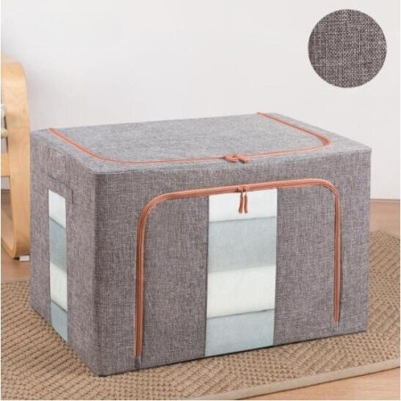 Cutie de depozitare pliabila,  Cu fermoar, 66 L, Textil, 50x40x33 cm, Gri, Cadru Metalic, Suport Baza Stabil din Plastic, Cu doua ferestre