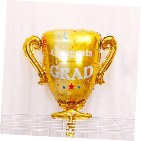 Balon din Folie Metalizata, Cyrax, Figurina Cupa, Tema Absolvire, 65x72cm, Ambalaj Individual, Pai Inclus, Umflare cu Aer sau Heliu, Galben