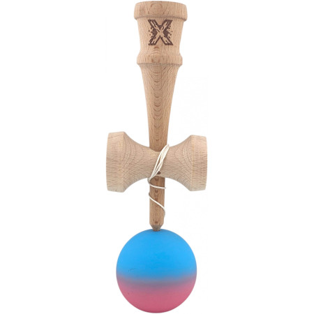 Kendama X Originala, Profesionala, Cyrax, din Lemn, Rubber Grip, 18 cm, Albastru/Roz