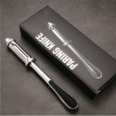 Peeler 2in1 pentru Legume si Fructe, Cyrax, Multifunctional, cu 2 Lame de Curatati si Feliat, Varf Ascutit pentru Gaurit, 18 cm, din Otel Inoxidabil, Argintiu/Negru