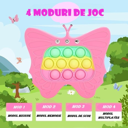 Jucarie Interactiva Tip Consola pentru Copii, Cyrax, Diferite Moduri de Joc, 120 Nivele, Material ABS/silicon, Sunete si Lumini, 12 x 5.5 x 13.5 cm, Model Fluture, Fucsia