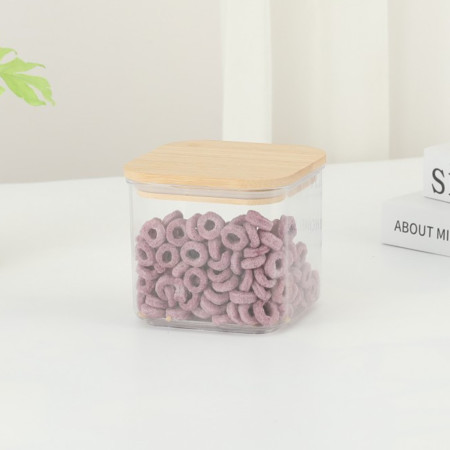 Cutie de Depozitare Alimente, Cyrax, Cutie de tip Container, Cutie pentru Cereale, din Plastic, Capac din Bambuc, 10 x 10 x 8 cm, Volum 0.5 L, Transparenta