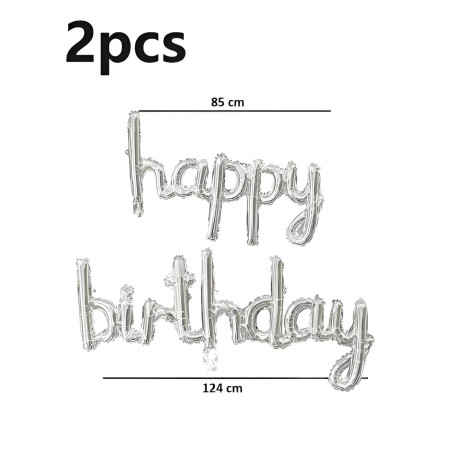 Set Baloane din Folie Metalizată, Cyrax, Model Happy Birthday, 45x85 cm, 45x124cm, Baloane Party, Ambalaj Individual, Pai inclus, Umflare cu Aer sau Heliu, Argintiu