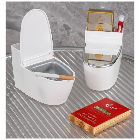 Scrumiera creativa  Forma de Toaleta, Capac Argintiu, Material ABS si Otel Inoxidabil, 12.5 x 9.8 x 8.4 cm, Fixare prin Lipire sau De Sine Statator, pentru Baie, Camera, Bucatarie, Balcon, Argintiu