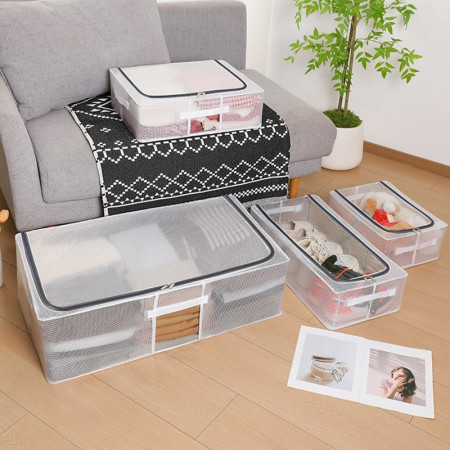 Cutie de Depozitare,  pentru Haine, Incaltaminte, din Plasa PVC Impermeabila si Manere Laterale, Pliabila, Fermoar Bidirectional, 80 x 47 x 18 cm, Transparenta