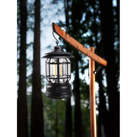 Lampa portabila camping, Felinar Vintage cu carlig, ABS, Iluminare 21 COB LED, Intensitate reglabila, 5W,  Negru