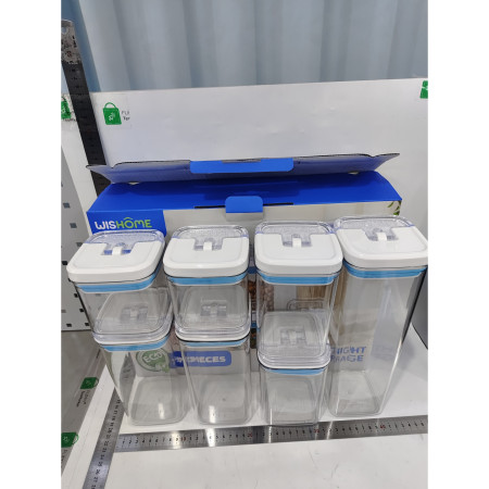 Cutii de Depozitare Alimente, Cyrax, Set din 7 Cutii de tip Container, 2x0.5 l, 2x0.8 l, 2x1.2 l, 1x1.9 l, Recipiente pentru Cereale in Bucatarie,  Transparente cu Capac Albastru-Alb