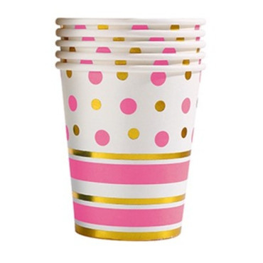 Set 10 Pahare, Cyrax, Imprimeu cu Buline si Dungi, din Carton, 250 ml, 7.5 x 8.5 x 5.2 cm, Roz/Auriu