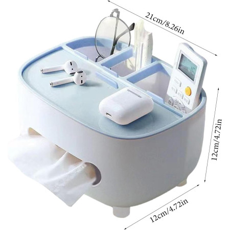 Suport pentru Servetele,  Cutie Multifunctionala, Design Minimalist, ABS, cu Suport pentru Obiectele Personale, pentru Birou, 21x12x12 cm, Albastru