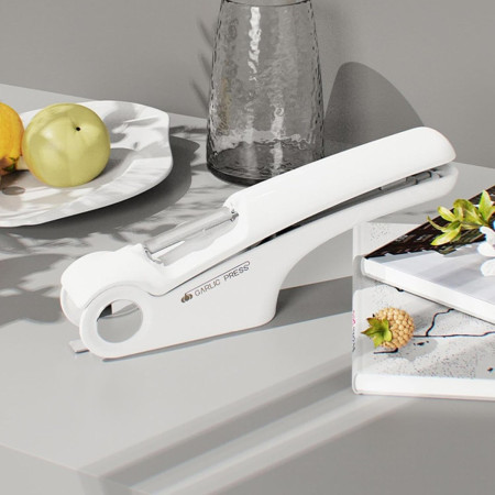Presa Multifunctionala pentru Usturoi 4in1, Cyrax, Presa, Feliator, Desfacator de Borcane, Curatator Fructe/Legume, 22 x 8.8 cm, Alb