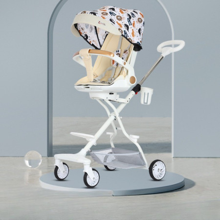 Carucior Sport Cyrax 3in1, 6-36 Luni, Reversibil, Pliabil, Tavita pentru Masa, Pozitie de Somn, Centura de Siguranta, Roti 360, Suport Pahar, Copertina pentru Soare, 32x63x95cm, Crem Model Jungla