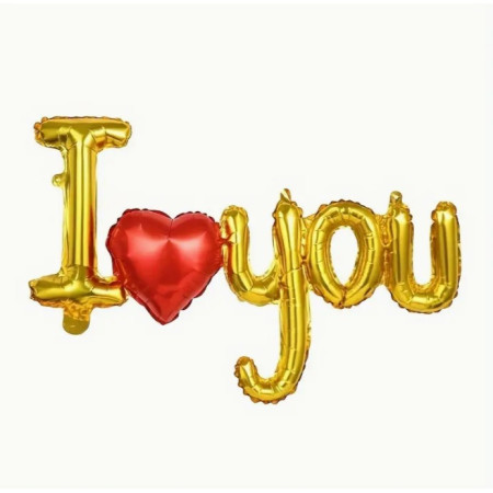 Set Baloane Folie Metalizata, Cyrax, Model I LOVE YOU cu Inimioara, 54x97 cm, Tematica Ziua Îndrăgostiților, Ambalaj Individual, Pai Inclus, Umflare cu Aer sau Heliu, Auriu