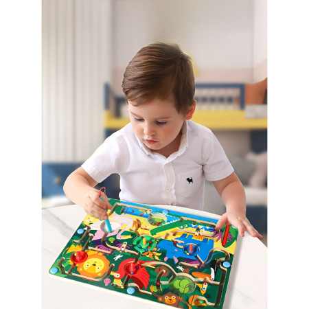 Joc Montessori de Sortare Culori, Cyrax, Creion Magnetic, Tip Labirint Ilustrat, din Lemn, Model Animale Salbatice, 39x29x1.5 cm