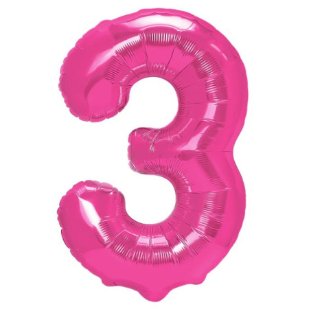 Balon din Folie Metalizata Cyrax, Figurina Cifra, Tema Aniversare 80 cm, Ambalaj Individual, Pai inclus, Umflare cu Aer sau Heliu, Roz, Cifra 3