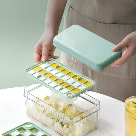 Set Cutie pentru Gheata, Cyrax, Uz Casnic, Doua Tavite pentru Cuburi, Capac Etans, Lopata, 23.5x13.3x10 cm, Verde