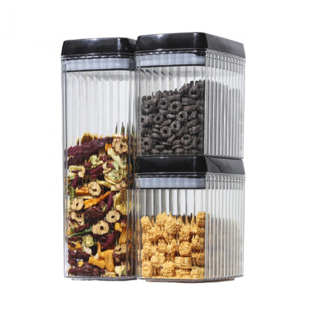 Set 3 Recipiente din Plastic, Cyrax, pentru Alimente/Obiecte, Inchidere Ermetica, Textura Ondulata, 2 x 1.5l, 1 x 3.3 l, Transparent