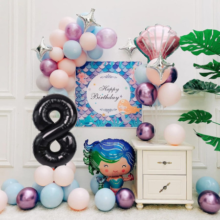 Balon din Folie Metalizata Cyrax, Figurina Cifra, Tema Aniversare 40 cm, Ambalaj Individual, Pai inclus, Umflare cu Aer sau Heliu, Negru, Cifra 8