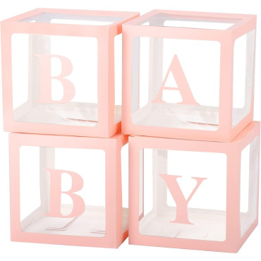 Set 4 Cutii pentru Baloane, Cyrax, Model Scris Baby, Tematica Iubire, Cuburi Decorative din Plastic, Accesorii pentru Petrecere, 30 x30 cm, Transparente Contur Roz