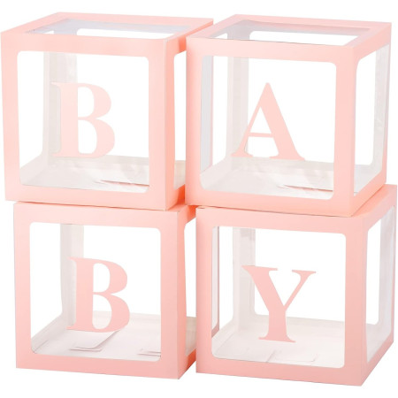 Set 4 Cutii pentru Baloane, Cyrax, Model Scris Baby, Tematica Iubire, Cuburi Decorative din Plastic, Accesorii pentru Petrecere, 30 x30 cm, Transparente Contur Roz