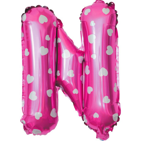 Balon Folie Metalizata Litera N, Cyrax, 40 cm, Cu Imprimeu Inimioare, Umflati cu Heliu sau Aer, Ambalaj Individual, Pai inclus, Roz