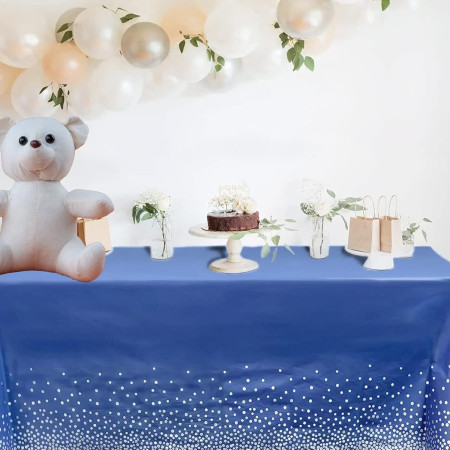 Fata de Masa, Cyrax, din PEVA, Imprimeu Buline Argintii, 137 x 274 cm, Impermeabila, Fara Pete, Curatare Rapida, Albastru Inchis