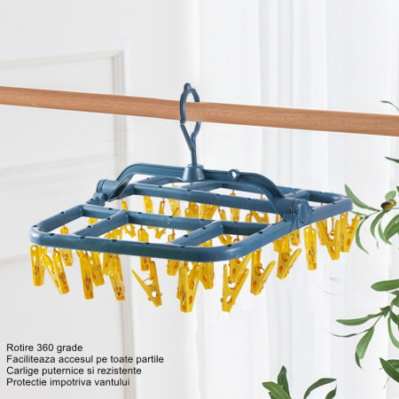 Uscator de Rufe Suspendat  cu 40 Carlige, Rotire 360 Grade, Protectie Vant, Pliabil, Patrat, Mateiral Plastic, Usor de Depozitat, Multifunctional, 36 x 24 cm, Albastru/Galben