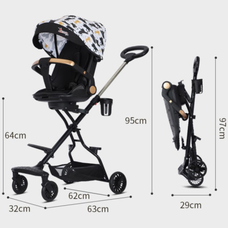 Carucior Sport Cyrax 3in1, 6-36 Luni, Reversibil, Pliabil, Tavita pentru Masa, Pozitie de Somn, Centura de Siguranta, Roti 360, Suport Pahar, Copertina pentru Soare, 32x63x95cm, Negru Model Pisicute