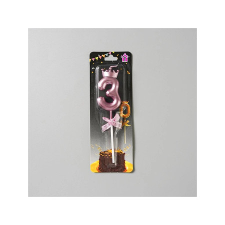 Lumanare Cifra 3, Cyrax, Model Coroana cu Fundita, Pentru Tort, 6 x 2.5 cm Mov