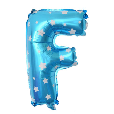 Balon Folie Metalizata Litera F, Cyrax, 40 cm, Cu Imprimeu Stelute, Umflati cu Heliu sau Aer, Ambalaj Individual, Pai inclus, Albastru