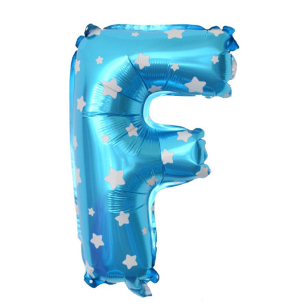 Balon Folie Metalizata Litera F, Cyrax, 40 cm, Cu Imprimeu Stelute, Umflati cu Heliu sau Aer, Ambalaj Individual, Pai inclus, Albastru