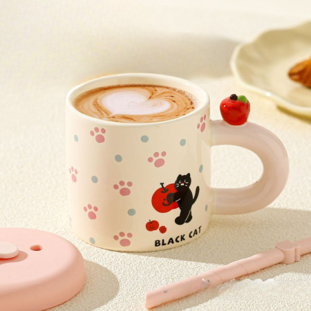 Cana din Ceramica cu Capac si Pai, Cyrax, Capacul si Paiul din Silicon Roz, 9x8.5 cm, Model Cute D, Capacitate 380ml