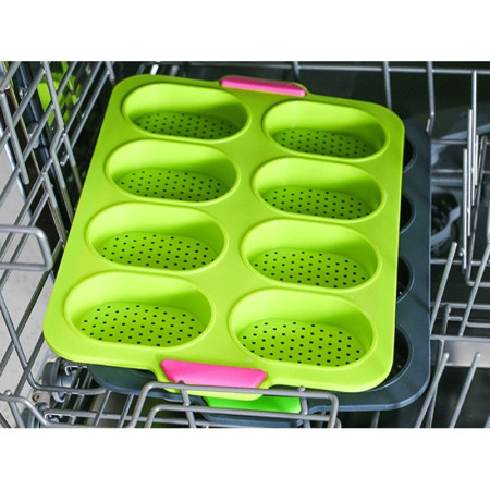 Forme de Silicon pentru Copt, Cyrax, 8 Forme Ovale, pentru Paine si Prajituri, 34.5 x 23.8 x 2.5 cm, Verde/Roz