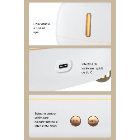 Umidificator de tip flacara,  cu aromaterapie, 7 culori, 250 ml, alb