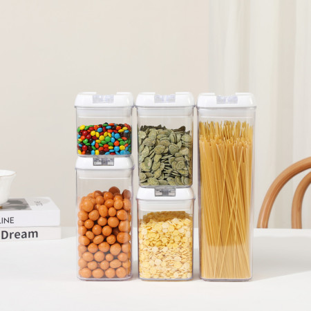 Cutii de Depozitare Alimente, Cyrax, set din 5 Cutii pentru Condimente, Volumetrie 0.5l, 0.8l, 1.2l, 1.9l, Transparente cu Capac Alb