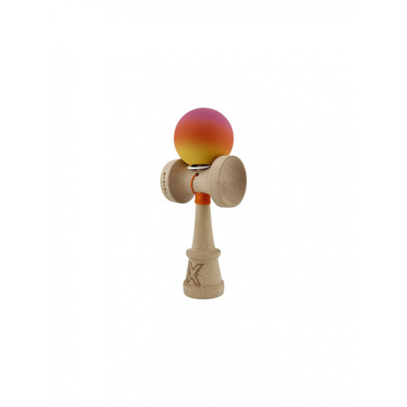 Kendama X Originala, Profesionala, Cyrax, Cupe Mari KING SIZE V3, Rubber Grip, Gaura in Baza, Rulment Metalic, din lemn 18 cm, Ata 62/65 cm, Gradient Roz/Rosu/Galben