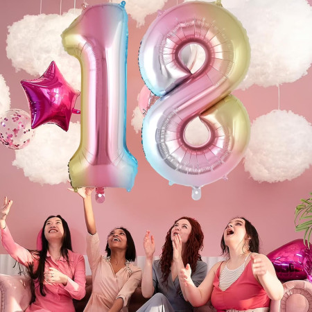 Balon din Folie Metalizata Cyrax, Figurina Cifra Gradient, Tema Aniversare 40 cm, Ambalaj Individual, Pai inclus, Umflare cu Aer sau Heliu, Multicolor, Cifra 1