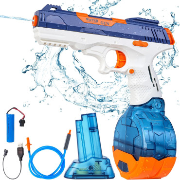 Pistol cu Apa Electric, Cyrax, 2 Rezervoare 75/350 ml, din ABS+Silicon, Baterie, Incarcare USB, Conectare la Furtun, +6 Ani, Albastru