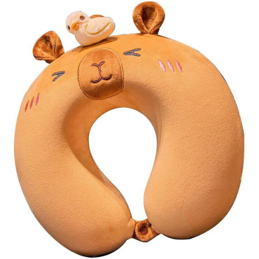 Perna de Calatorie in Forma de U,  Pentru Gat si Cap, Umplutura din Spuma cu Memorie, 30x30 cm, Model Capybara, Accesoriu de Voiaj, Birou, Masina, Sistem Prindere Capse, Maro