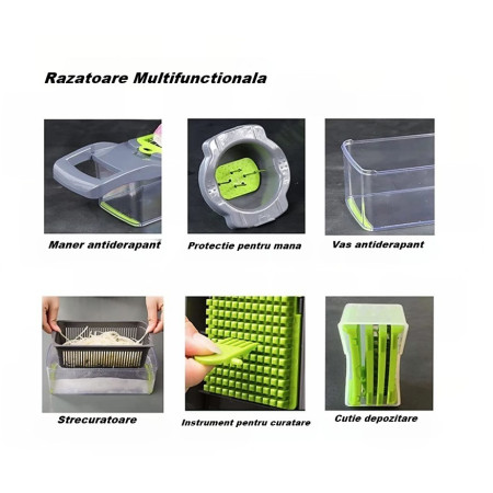 Feliator Multifunctional, Cyrax, Razatoare, 8 in 1, pentru Fructe si Legume, 10 Piese, Lame de Inox, Recipient Stocare, Separator Oua, Protectie Mana, ABS, 32.2x11.3 cm, Verde/Gri