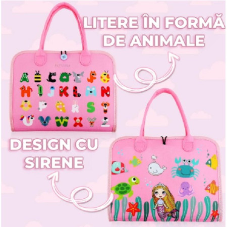 Carte Senzoriala Educativa Montessori, Cyrax, Dezvoltare Abilitati Motorii, 3 Pagini, Model Sirena si Alfabet, 28x25x4 cm, Roz