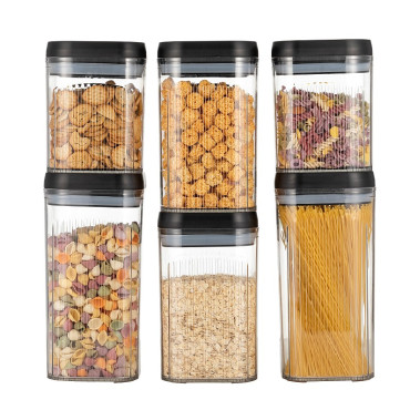 Cutii de Depozitare Alimente, Cyrax, Set din 6 Cutii de tip Container, Recipiente pentru Cereale in Bucatarie,  Transparente cu Capac Negru