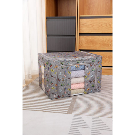 Cutie Depozitare,  66L, din Material Textil, 50 x 40 x 33 cm, pentru Haine si Lenjerii, Model Fluturasi, Gri Inchis