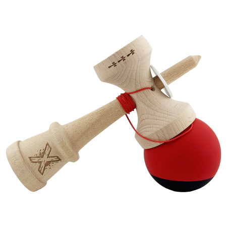 Kendama X Originala, Profesionala, Cyrax, Cupe Mari KING SIZE V3, Rubber Grip, Gaura in Baza, Rulment Metalic, din lemn 18 cm, Ata 62/65 cm, Bicolor Rosu/Negru