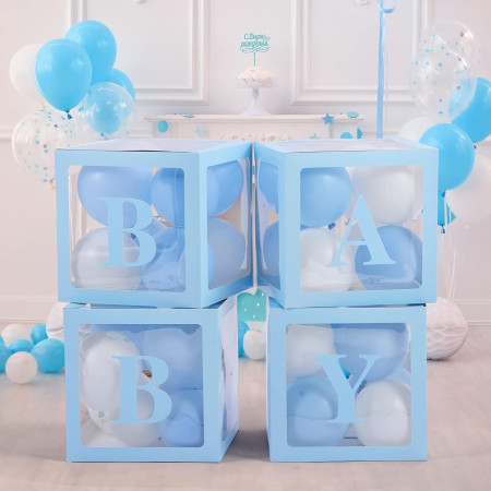 Set 4 Cutii pentru Baloane, Cyrax, Model Scris Baby, Tematica Iubire, Cuburi Decorative din Plastic, Accesorii pentru Petrecere, 30 x30 cm, Transparente Contur Albastru