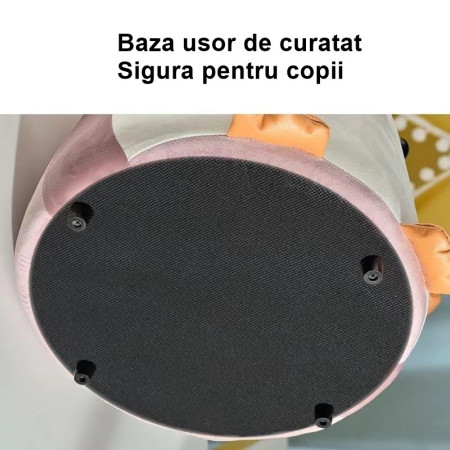 Taburet Pentru Copii, Cyrax, Cadru din Lemn Masiv, 25 x 29 x 29 cm, Perna de Burete Elastica si Maner de Transport, in Forma de Pinguin, Roz