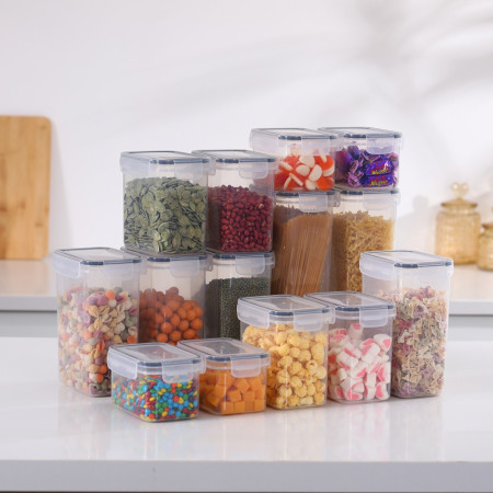 Cutii de depozitare alimente, Cyrax, Set din 14 Cutii pentru Condimente, Cereale, Cutii pentru Bucatarie, din Plastic PP, Cutii Alimentare, Diferite Dimensiuni, Transparente