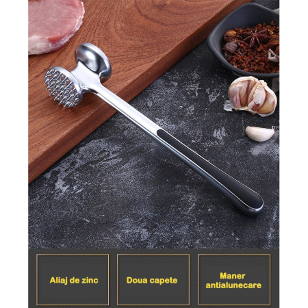 Ciocan pentru snitele si carne Cyrax, din aliaj de zinc, maner antialunecare, doua capete, 22 cm, argintiu